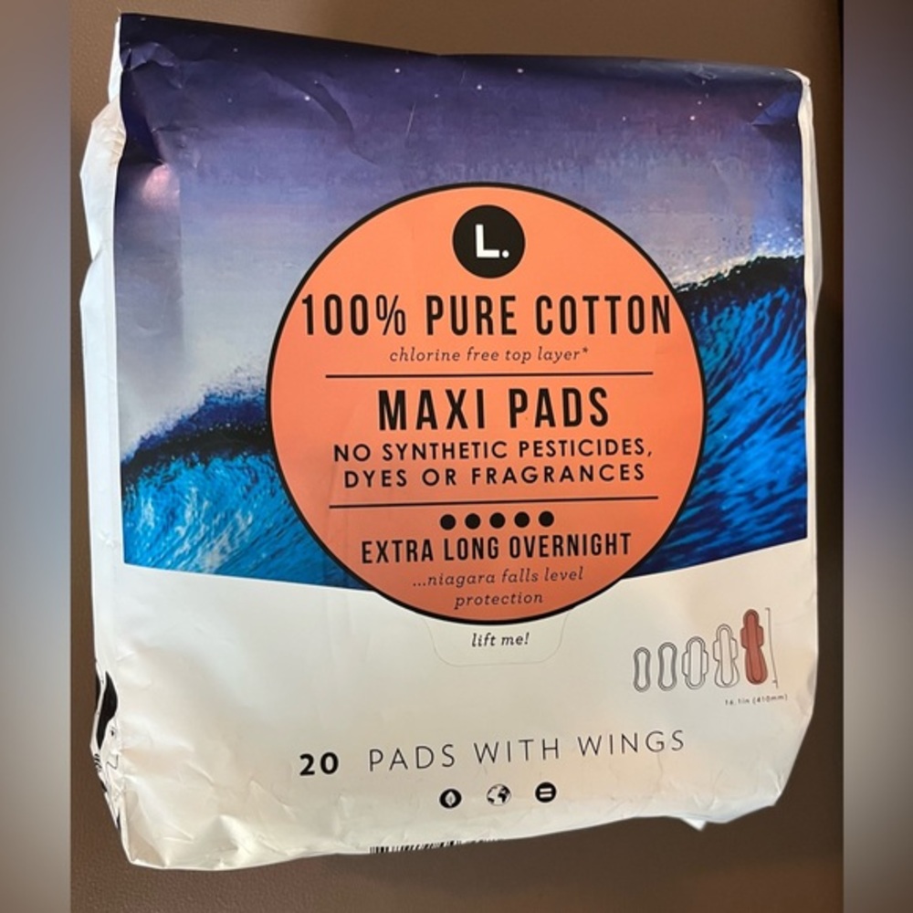 L. Cotton Extra Long Overnight wings Maxi Pads chlorine free top layer 20 ct
